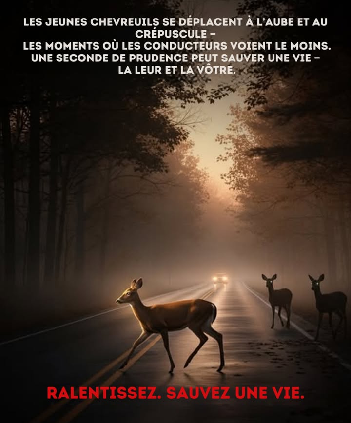 À laube et au crépuscule, les jeunes chevreuils sont en mouvement  ce sont précisément les heures où la visibilité est la plus faible pour les conducteurs.
Une fraction de seconde dattention peut sauver deux vies : la vôtre et la leur.

Chaque année, les collisions routières font de nombreuses victimes parmi la faune sauvage et les familles.
Mais en ralentissant, en balayant les bas-côtés du regard et en restant vigilant, vous pouvez faire la différence.

 Conduisez prudemment cette saison. La forêt est vivante.