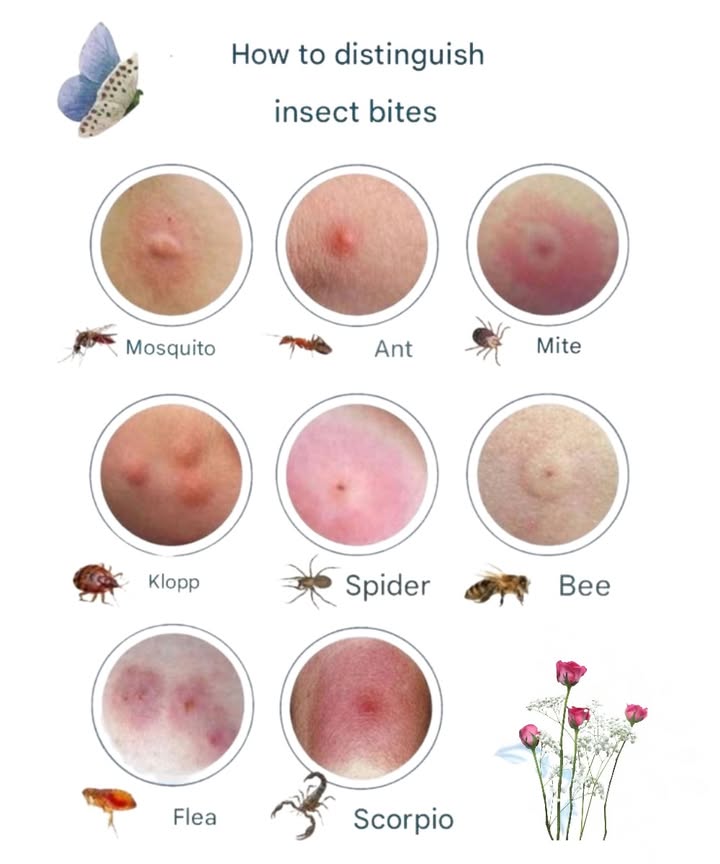 烈 Insect Bite Guide: Who Bit Me? 

 Identify to react better  natural protection, effective care.

 Bedbugs
Clustered bites with dark centers, sometimes blisters.
 Hide in mattresses and luggage.

 Chiggers
Small red blisters in skin folds.
 Found in tall grass.

 Lice
Itchy red bumps on the scalp.
类 Needs full treatment.

 Fleas
Small red bumps on ankles and legs.
 Linked to pets.

隣 Ticks
Painless bite  redness, Lyme disease risk.
 Check after outdoor activities.

 Spiders
May cause blisters, ulcers, even internal symptoms.
 Consult if symptoms worsen.

 Fire ants
Painful pustules in clusters.
璘 Burning sensation.

 Paper wasps
Sharp sting, redness, mild swelling.
 More aggressive in spring.

 Mosquitoes
Red itchy bumps.
 Remove standing water  use natural repellent.

 Biting flies
Painful swelling, sometimes blisters and nausea.
 Avoid wetlands, cover exposed skin.

 Recognize. Prevent. Soothe. Enjoy a peaceful summer.
