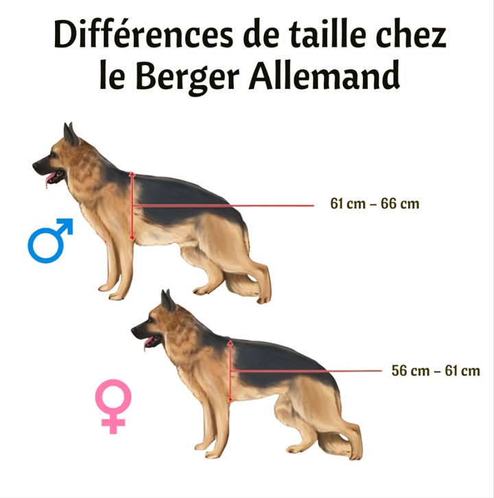 Différences de taille chez le Berger Allemand 

La hauteur varie selon le sexe de cette race majestueuse :
 Mâle :
 Taille entre 61 et 66 cm 24  26 pouces
 Silhouette plus robuste et musclée.

 Femelle :
 Taille entre 56 et 61 cm 22  24 pouces
 Corps plus élancé et léger.

 Mâles et femelles partagent les mêmes qualités : intelligence, loyauté et excellents compagnons pour la famille comme pour le travail.

#BergerAllemand #DifférencesDeTaille #ÉducationCanine