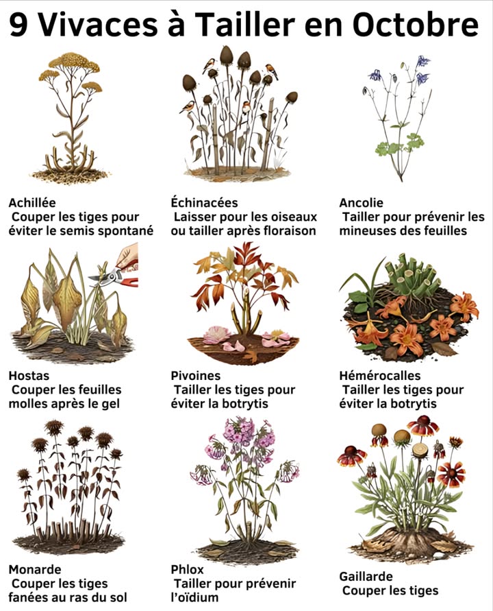 Entretien des Vivaces pour un Jardin Sain 

 Achillée  Couper les tiges pour limiter le semis spontané.
 Échinacées  Laisser en place pour nourrir les oiseaux ou tailler après floraison.
 Ancolie  Éliminer les parties abîmées pour prévenir les mineuses des feuilles.
 Hostas  Retirer les feuilles molles après les premières gelées.
 Pivoines  Couper les tiges pour éviter la propagation de la botrytis.
 Hémérocalles  Tailler pour empêcher la pourriture des touffes.
 Monarde  Supprimer les tiges sèches au ras du sol.
 Phlox  Tailler pour réduire lapparition de loïdium.
 Gaillarde  Couper les tiges une fois la floraison terminée.

 Ces gestes simples assurent des vivaces plus vigoureuses et un jardin plus harmonieux au printemps.