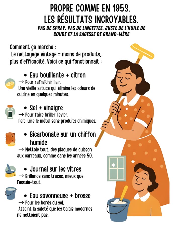 Nettoyer comme en 1953 : les astuces vintage qui fonctionnent encore aujourdhui 
 Pas de sprays chimiques, pas de lingettes jetables. Juste de lhuile de coude, la sagesse de grand-mère et des produits naturels !
 Eau bouillante  citron : parfume et rafraîchit lair en quelques minutes.
 Sel  vinaigre : fait briller lévier sans produits agressifs.
 Bicarbonate  chiffon humide : idéal pour carreaux, plaques et surfaces.
 Journal sur les vitres : brillance sans traces, mieux que lessuie-tout.
 Eau savonneuse  brosse : atteint les coins du sol que la serpillière ne nettoie pas.
 Nettoyage écolo, simple et efficace. Comme autrefois, mais toujours aussi actuel ! 
#NettoyageNaturel #AstucesDeGrandMère #EcoConseils #MaisonPropre