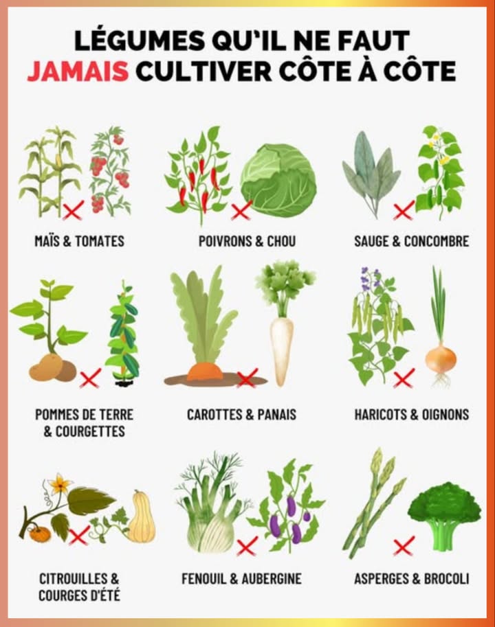 Attention aux associations défavorables au potager 復
Certains mariages de légumes ne font pas bon ménage : ils peuvent limiter la croissance, attirer davantage de nuisibles ou déséquilibrer le sol. Jardiner intelligemment, cest aussi savoir séparer les plantes qui se gênent :
 Maïs & Tomates
 Poivrons & Chou
 Sauge & Concombre
 Pommes de terre & Courgettes
 Carottes & Panais
 Haricots & Oignons
 Citrouilles & Courges dété
 Fenouil & Aubergine
 Asperges & Brocoli

Un bon compagnonnage favorise la biodiversité, protège des maladies et assure des récoltes abondantes 凌
#Compagnonnage #PotagerSain #JardinageNaturel