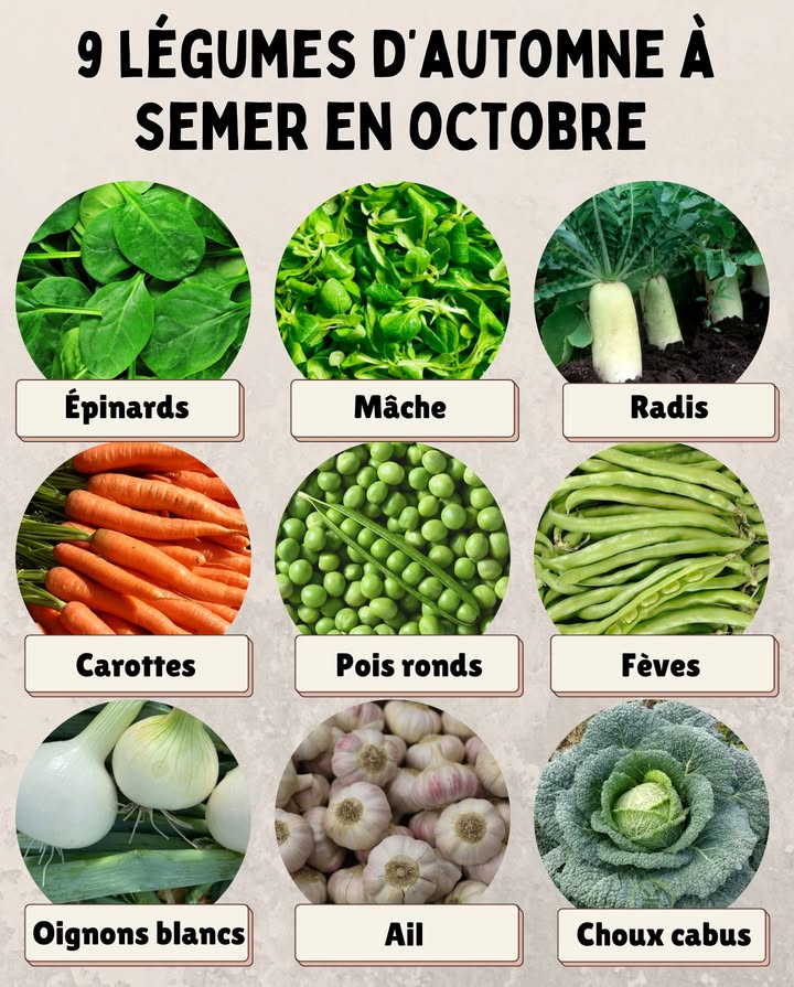 9 légumes dautomne à semer en octobre 
 Même si le froid arrive, octobre reste un mois parfait pour préparer le potager avec des légumes robustes. Voici ceux qui sinstallent bien en cette période :
1. Épinards dhiver  supportent très bien le froid et donnent des feuilles tendres.
2. Mâche  idéale pour les salades fraîches tout lhiver.
3. Radis dhiver  variétés longues et résistantes au gel.
4. Carottes tardives  semées maintenant, elles se récoltent au printemps.
5. Pois ronds  résistent bien et assurent une récolte précoce.
6. Fèves  semées en octobre, elles produisent tôt au printemps.
7. Oignons blancs  parfaits pour les semis dautomne.
8. Ail  une culture classique doctobre, simple et productive.
9. Choux cabus ou de Milan  jeunes plants à installer en pleine terre.
Ces semis préparent un potager généreux pour lhiver et le début du printemps 凌龍.
