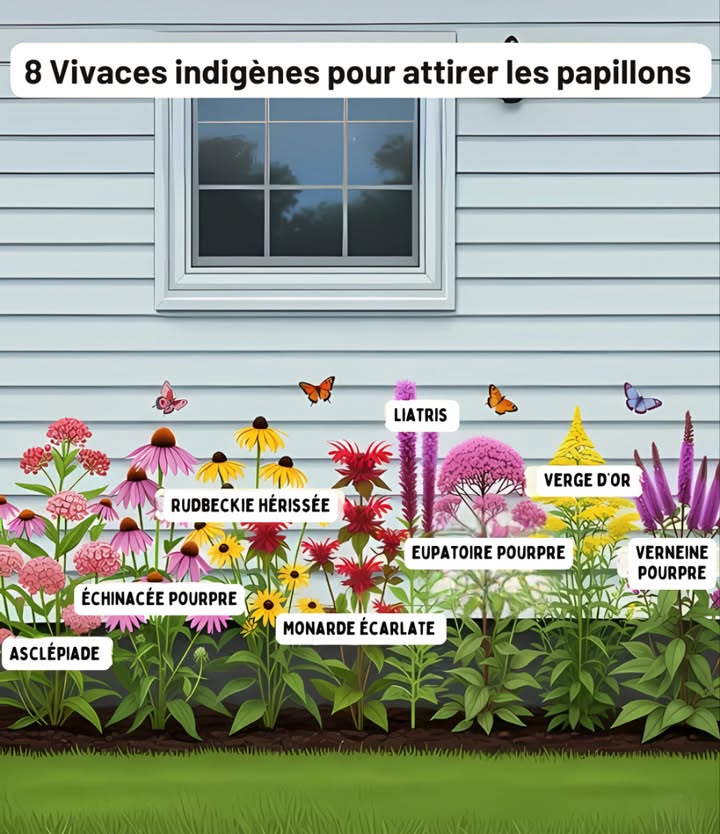 曆 8 Fleurs vivaces indigènes pour attirer les papillons 曆

Planter des espèces locales  Soutenir les pollinisateurs  Créer un jardin plein de vie 

1 Asclépiade Asclepias spp.
Plante hôte du Monarque, fleurs en grappes roses, orange ou blanches.

2 Échinacée pourpre Echinacea purpurea
Fleurs proches des marguerites, nectar apprécié des papillons.

3 Rudbeckie hérissée Rudbeckia hirta
Fleurs dorées à cœur sombre, robustes et fiables.

4 Monarde écarlate Monarda didyma
Fleurs échevelées rouges ou pourpres, attire papillons & colibris.

5 Liatris Liatris spicata
Épis dressés de fleurs violettes, adorés par les papillons machaons.

6 Eupatoire pourpre Eutrochium purpureum
Grande vivace aux grappes rose-violet, véritable aimant à papillons.

7 Verge dor Solidago spp.
Floraison jaune en fin de saison, essentielle pour les papillons migrateurs.

8 Verneine Vernonia noveboracensis
Massifs de fleurs pourpres, aime les sols frais, favorite des papillons.

 Un jardin naturel, éclatant et accueillant pour la biodiversité.