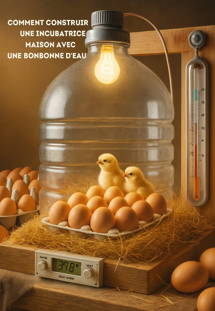 Fabriquer une incubatrice maison avec une simple bouteille deau ! 

Une méthode économique et ingénieuse pour incuber des œufs chez soi, sans matériel coûteux.

 Matériel de base
 Bouteille plastique de 5 L ou plus comme chambre dincubation
 Petites ampoules ou lampe chauffante
 Thermomètre et hygromètre
 Carton à œufs ou mousse pour stabiliser
 Aiguilles ou clou pour faire des trous daération

 Température idéale : 37,5 C
 Humidité :
 4555 % pendant lincubation
 6575 % les 3 derniers jours avant léclosion

 Rotation manuelle :
 Tourner les œufs 3 fois/jour
 Arrêter 3 jours avant léclosion

 Conseils essentiels
 Vérifie température, humidité et aération chaque jour
 Assure la sécurité thermique
 Garde hors de portée des enfants et animaux

 Avec patience et attention, la magie de la vie commence dans une simple bouteille !