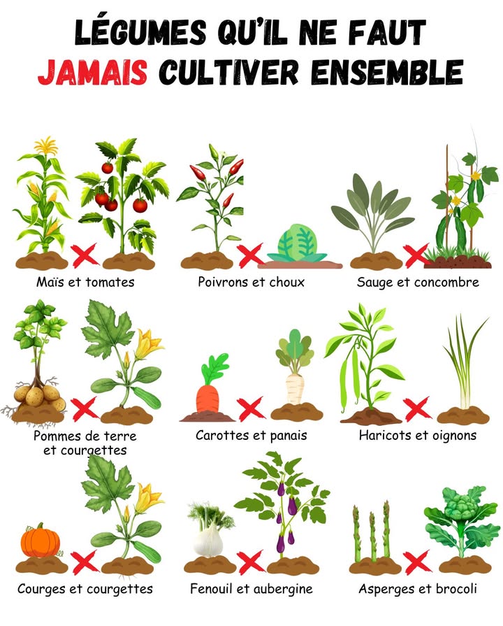 Légumes à ne jamais cultiver ensemble

 Maïs et tomates  Ils se disputent les nutriments et attirent les mêmes parasites.
塞 Poivrons et choux  Incompatibles dans le sol, ils affaiblissent mutuellement leur croissance.
勒 Sauge et concombre  La sauge freine le développement du concombre.
凜勒 Pommes de terre et courgettes  Augmentent le risque de maladies.
凌 Carottes et panais  Se croisent et déforment leurs racines.
綾暈 Haricots et oignons  Se bloquent mutuellement dans la croissance.
勒 Courges et courgettes dété  Se croisent et perdent en qualité.
 Fenouil et aubergine  Le fenouil inhibe la croissance de laubergine.
復 Asperges et brocoli  Compétition pour lespace et les nutriments.

 Le secret dun potager sain réside dans les bonnes associations.