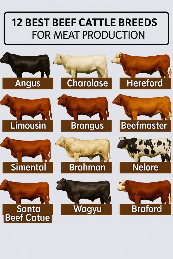 Main Beef Cattle Breeds: Practical Guide 

1 Goal
Choose breeds with good feed efficiency, climate adaptation, meat quality, fertility, and hardiness.

2 Top 12
Angus, Charolais, Hereford, Limousin, Brangus, Beefmaster, Simmental, Brahman, Nelore, Santa Gertrudis, Wagyu, Braford.

3 Strengths
Angus for tenderness; Wagyu for marbling; Charolais for fast growth; Limousin for muscle yield; Hereford for resilience.

4 Hot and humid climates
Brahman, Nelore, Brangus, Santa Gertrudis  highly tolerant to parasites and heat.

5 Cold or high-altitude climates
Angus, Hereford, Charolais, Limousin  perform well in lower temperatures.

6 Strategic crossbreeding
Brangus, Braford, Beefmaster  benefiting from hybrid vigor while balancing meat quality and adaptability.

7 Production systems
Feedlot: Angus, Limousin, Charolais, and crossbreeds.
Extensive pasture: Hereford, Braford, and adapted zebu breeds.

8 Feeding management
Balanced diets rich in protein, energy, and minerals, with monitoring of weight and feed conversion.

9 Health and genetics
Strict vaccination, parasite control, use of certified bulls for uniformity and traceability.

 Mistakes to avoid
Overlooking climate, neglecting genetic selection, unbalanced feeding, or delaying health protocols.

11 Key tools
Microclimate analysis, forage planning, veterinary and geneticist support, performance records.

12 Focus on quality
Select animals for marbling, post-slaughter pH, carcass yield, and tenderness, targeting premium markets.
#fblifestyle