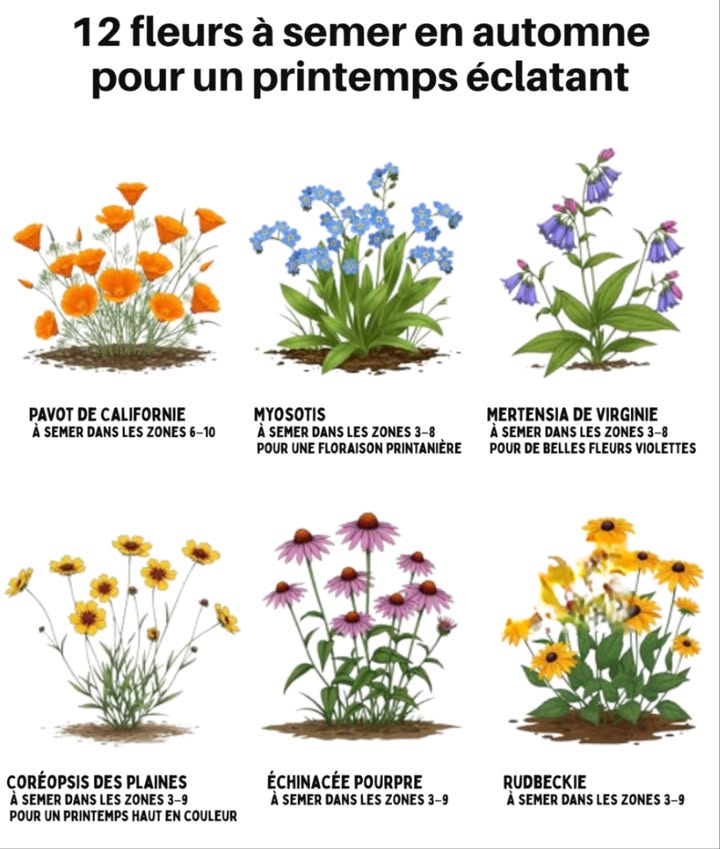 12 fleurs à semer en automne pour un printemps éclatant
 Quand semer
Attendre que le sol soit froid mais encore friable.
Sil devient dur comme de la pierre, il est déjà trop tard.

請 Préparer le sol
Pas besoin de retourner la terre.
 Retirer les feuilles mortes
 Griffer légèrement la surface
 Ne pas enfouir les graines  elles ont besoin de lumière pour germer

 Semer et arroser
 Répandre les graines directement sur la terre
 Presser légèrement avec le pied ou un rouleau
 Arroser une seule fois
 Laisser la nature faire le reste, sauf si le sol est déjà humide ou quune neige est imminente

 12 fleurs parfaites à semer maintenant

Fleurs de début de printemps :
 Pavot de Californie zones 610
 Myosotis zones 38
 Mertensia de Virginie zones 38
 Coréopsis des plaines zones 39

Fleurs du printemps moyen :
 Échinacée pourpre zones 39
 Rudbeckie zones 39
 Ancolie sauvage zones 39
 Lupin zones 48

Fleurs dété :
 Asclépiade tubéreuse zones 39
 Aster bleu lisse zones 48
 Clarkia Godetia zones 610
 Lin écarlate zones 69

 Pourquoi semer en automne
Certaines graines ont besoin du froid pour germer naturellement.
Ce semis saisonnier crée un jardin plus résilient, plus écologique et favorable aux pollinisateurs.
Moins darrosage, moins dentretien  un jardin vivant, équilibré et autonome.

 Semer en automne, cest préparer un printemps fleuri tout en respectant les cycles de la nature.