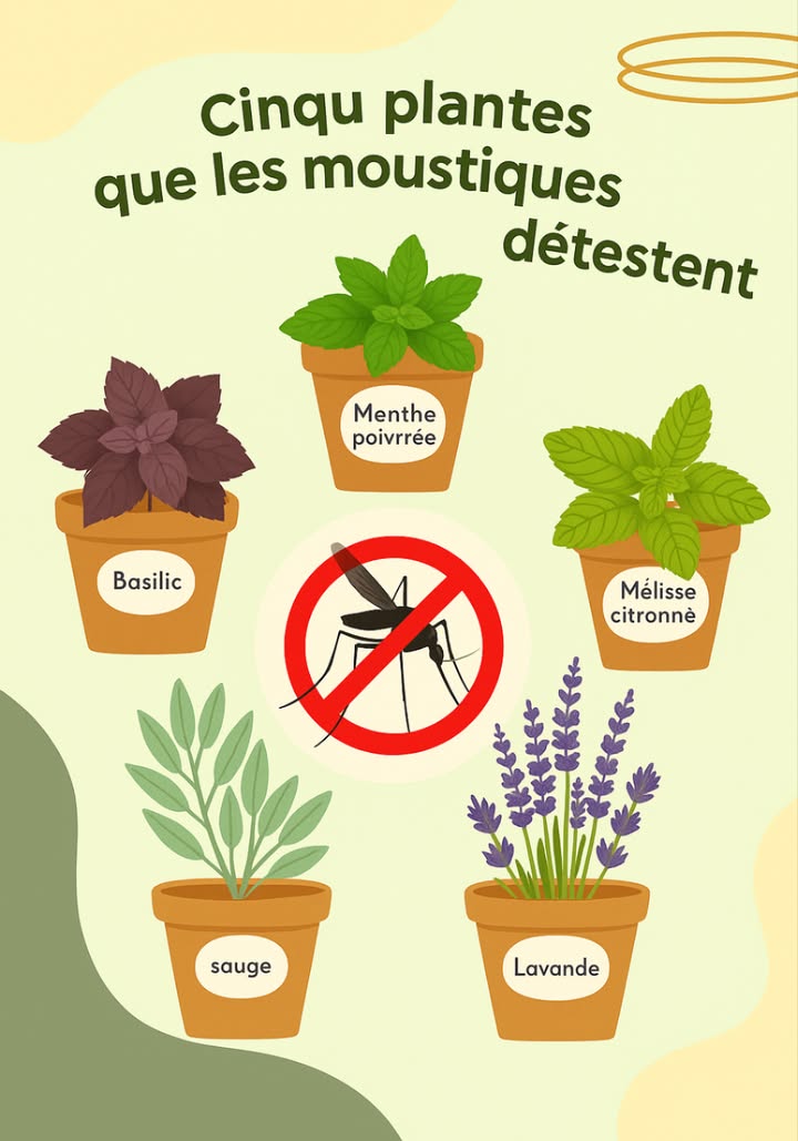 5 PLANTES QUE LES MOUSTIQUES DÉTESTENT 烈

Des alliées naturelles pour un été sans piqûres, à planter au jardin ou sur le balcon 

 Menthe poivrée Mentha piperita
 Arôme mentholé puissant qui repousse les moustiques et rafraîchit lair.

 Basilic Ocimum basilicum
 Son parfum intense agit comme un répulsif naturel contre les insectes.

 Sauge Salvia spp.
 Brûlée ou en pot près des ouvertures, elle éloigne les moustiques efficacement.

 Lavande Lavandula spp.
 Parfum floral relaxant pour nous, mais insupportable pour les moustiques.

 Mélisse citronnelle Melissa officinalis
 Odeur citronnée intense qui éloigne naturellement les insectes indésirables.

#AdieuMoustiques #PlantesRepulsives #BalconNaturel