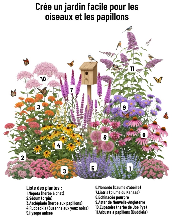 Plante ces vivaces amies des pollinisateurs 
Pour attirer papillons, abeilles et oiseaux année après année :

 Népéta herbe à chat  Zones 38
Très appréciée des abeilles.

 Sédum  Zones 39
Source de nectar de fin de saison pour les papillons.

曆 Asclépiade herbe aux papillons  Zones 39
Plante hôte des monarques.

 Rudbeckia Susanne aux yeux noirs  Zones 39
Ses fleurs éclatantes attirent papillons et oiseaux.

 Hysope anisé  Zones 49
Ses fleurs parfumées séduisent les abeilles.

 Monarde baume dabeille  Zones 49
Favori des colibris et autres pollinisateurs.

 Liatris plume du Kansas  Zones 38
Aimée des papillons monarques.

 Échinacée pourpre  Zones 39
Offre nectar aux pollinisateurs et graines aux chardonnerets.

 Aster de Nouvelle-Angleterre  Zones 48
Source précieuse de nectar automnal.

 Eupatoire herbe de Joe Pye  Zones 49
Attire une profusion de papillons.

曆 Arbuste à papillons Buddleia  Zones 59
Racèmes odorants et colorés qui enchantent les papillons.

 En les plantant ensemble, tu créeras un refuge vivant et coloré, un véritable havre pour la faune sauvage, avec très peu dentretien.