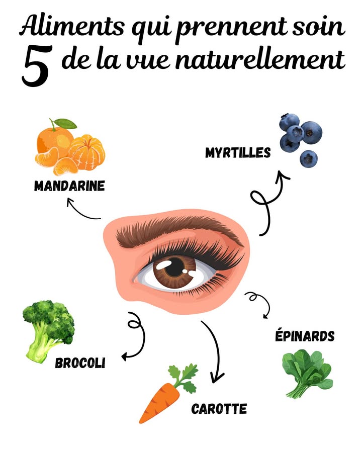 5 aliments qui prennent soin de la vue naturellement

 Myrtilles  Riches en antioxydants qui protègent la rétine
 Mandarine  Source de vitamine C qui renforce les vaisseaux oculaires
 Épinards  Apportent de la lutéine et de la zéaxanthine pour prévenir les dommages solaires
 Carotte  Riche en bêta-carotènes qui favorisent la vision nocturne
 Brocoli  Protège contre le stress oxydatif et améliore la santé oculaire

 À intégrer dans lalimentation pour maintenir une vision saine et durable