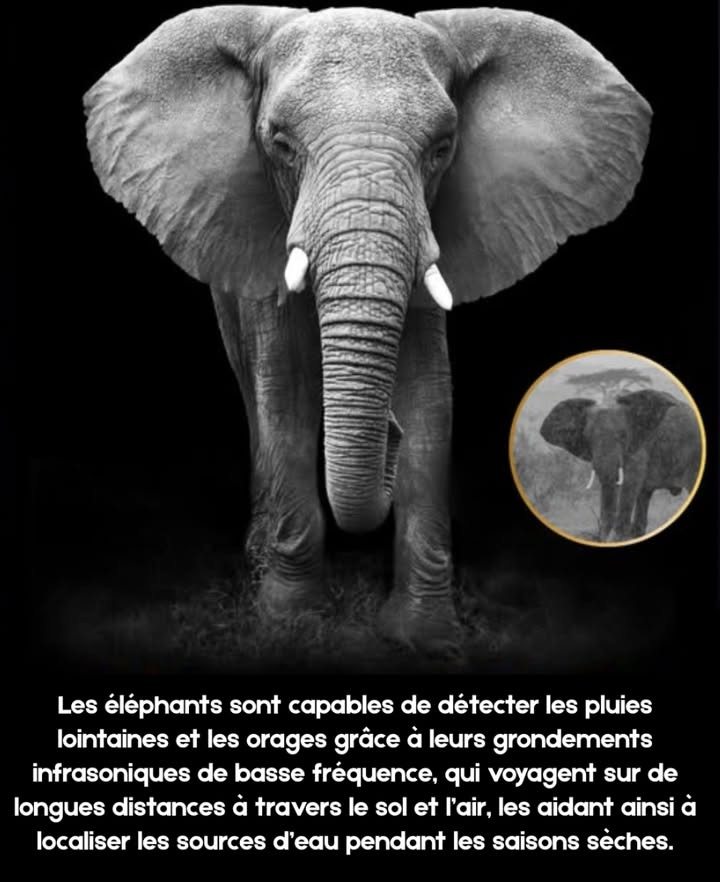 Les éléphants entendent la pluie avant quelle ne tombe 

Dotés dune perception sensorielle exceptionnelle, les éléphants vivent en totale symbiose avec leur environnement.

 Détectent des infrasons de très basse fréquence capables de voyager sur plus de 100 kilomètres.
 Perçoivent les orages à grande distance, bien avant lapparition des nuages.
 Adaptent leurs trajets migratoires pour trouver leau en période de sécheresse.
 Communiquent entre troupeaux grâce à linfrason, porteur de signaux et démotions complexes.
 Transmettent des avertissements, des liens sociaux et des états émotionnels par de profonds grondements.
 Les vibrations terrestres et aériennes servent de réseau naturel, semblable à un télégraphe vivant.

Une capacité ancestrale qui relie ces géants de la savane aux battements profonds de la Terre.