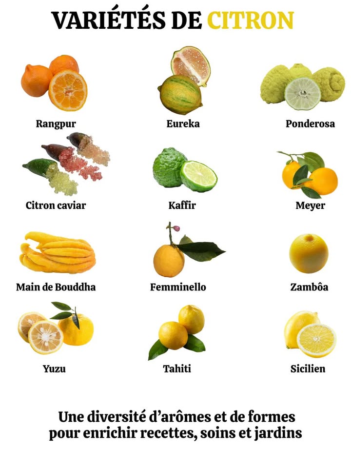 Le citron Citrus limon : un trésor polyvalent
Ce fruit de la famille des Rutacées brille autant en cuisine quen cosmétique naturelle.

 Origine du citron
Cultivé depuis lAntiquité dans le bassin méditerranéen, le citron serait un hybride naturel entre le cédrat Citrus medica et lorange amère Citrus aurantium. Les Grecs et les Romains lutilisaient déjà dans leurs préparations.

 Variétés de citron les plus connues :

 Eureka : variété classique, ovale et de taille moyenne
 Lisboa : plus allongé, avec un calibre généreux
 Meyer : croisement avec lorange, petit et arrondi
 Ponderosa : très gros fruit à la forme remarquable

 Un citron, mille usages pour enrichir ton quotidien naturellement.
#CitronMagique #VieSaine #SaveursNaturelles