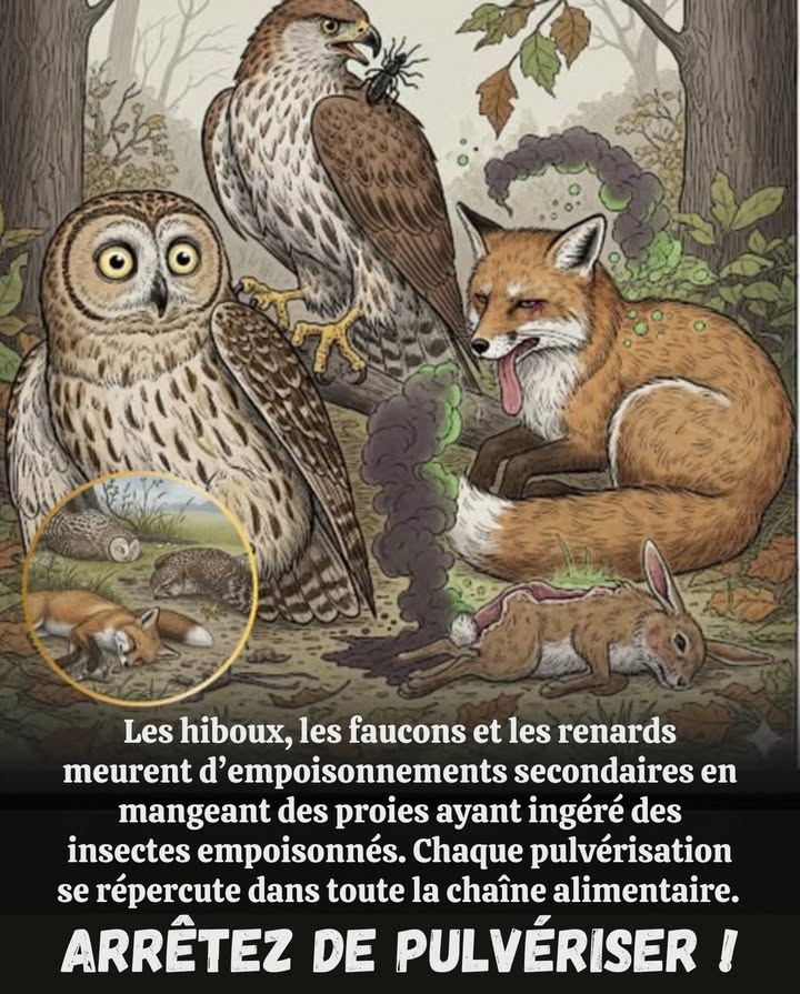 Les hiboux, les faucons et les renards meurent dempoisonnement secondaire lorsquils mangent des proies ayant ingéré des insectes empoisonnés.
 Chaque pulvérisation se répercute dans toute la chaîne alimentaire.
 Cessez de pulvériser. Choisissez léquilibre plutôt que les toxines.