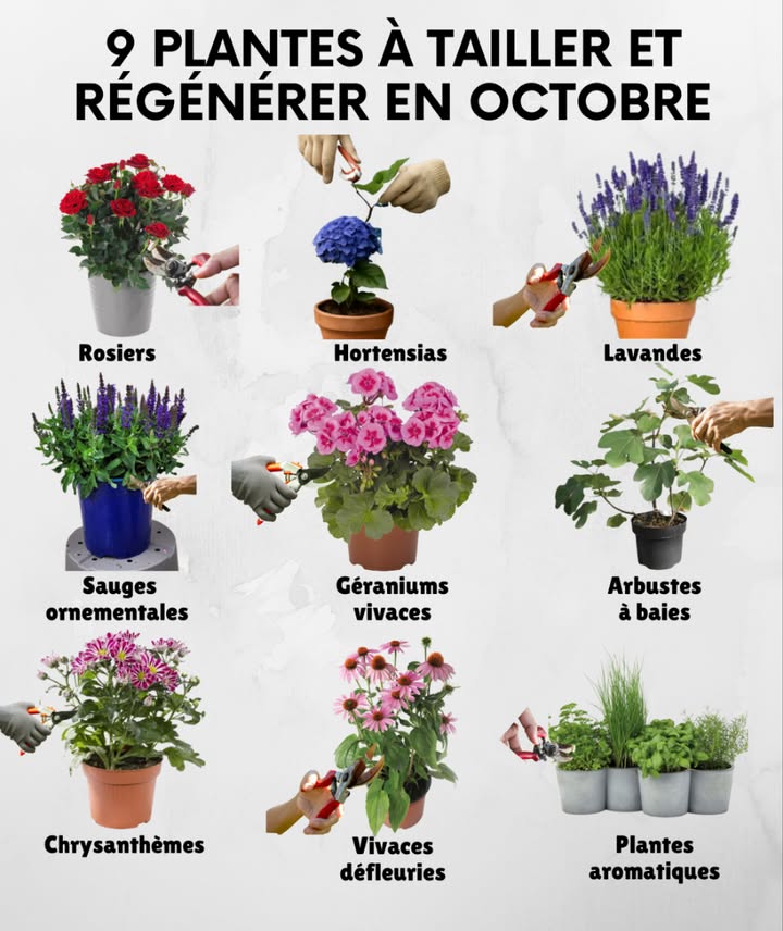 9 Plantes à tailler et régénérer en octobre
1. Rosiers  Supprimer les fleurs fanées et branches abîmées pour préparer la floraison du printemps.
2. Hortensias  Enlever les tiges sèches et raccourcir légèrement pour stimuler la reprise.
3. Lavandes  Tailler après floraison pour garder une forme compacte et éviter le bois sec.
4. Sauges ornementales  Rajeunir la touffe en coupant les parties défleuries.
5. Géraniums vivaces  Rabattre pour encourager de nouvelles pousses au printemps.
6. Arbustes à baies groseilliers, cassissiers  Éclaircir pour favoriser la fructification future.
7. Chrysanthèmes  Retirer les fleurs passées pour prolonger la floraison dautomne.
8. Vivaces défleuries échinacées, rudbeckias  Nettoyer pour régénérer la touffe et limiter les maladies.
9. Plantes aromatiques thym, origan, sarriette  Une taille légère favorise le renouvellement et conserve la forme.
 En octobre, la taille légère et le nettoyage permettent aux plantes de se régénérer avant lhiver et de repartir vigoureuses au printemps.