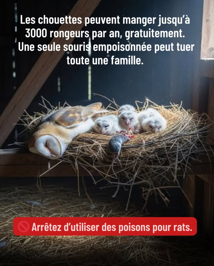 Vous ne réfléchissez sans doute pas à deux fois avant de jeter un peu de poison pour rats  cest rapide, simple et hors de vue.
Mais cette  solution facile  ne sarrête pas au rat.

Une seule souris empoisonnée peut devenir le dernier repas dune famille de chouettes qui aurait pu garder vos champs propres naturellement. Une seule. Et tout sarrête là.

Les chouettes protègent silencieusement nos fermes et nos jardins, dévorant des milliers de rongeurs chaque année, gratuitement.
Mais elles ne peuvent pas survivre à nos raccourcis.

黎 Si vous aimez la nature, renoncez au poison.
La nature a déjà son propre système de lutte contre les nuisibles.