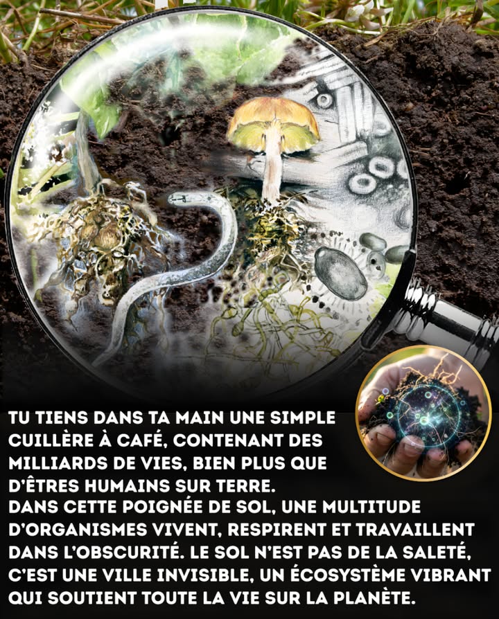 Sous nos pieds, un univers caché

Chaque grain de terre abrite une vie insoupçonnée : champignons, bactéries, vers et micro-organismes tissent un réseau complexe qui nourrit les plantes, purifie leau et stocke le carbone.
Le sol est une véritable infrastructure vivante, un pilier silencieux de la nature.
Le protéger, cest préserver la santé de la planète et la nôtre.