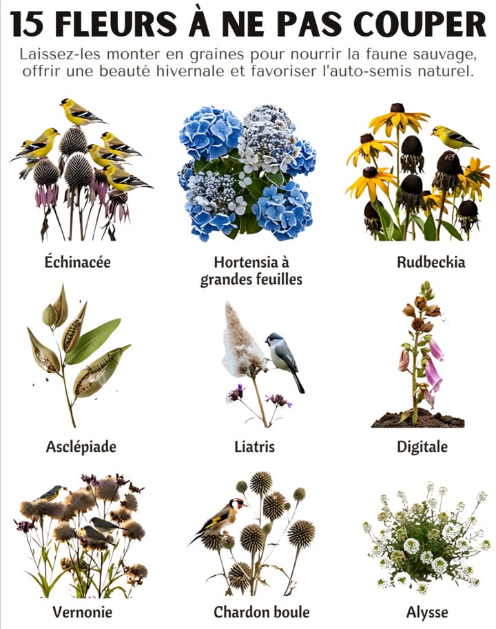 15 fleurs à ne pas couper après la floraison

Les laisser monter en graines nourrit la faune sauvage, apporte de la beauté hivernale et favorise lauto-semis.

 Échinacée  Les têtes sèches nourrissent les chardonnerets et brillent sous le givre
 Rudbeckia hirta  Attire chardonnerets et mésanges ; se ressème facilement
 Hortensia à grandes feuilles  Protège les bourgeons de lannée suivante et décore en hiver
 Asclépiade  Les gousses soutiennent les papillons monarques
 Liatris  Capitules plumeux appréciés des oiseaux
 Digitale  Bisannuelle ; les graines assurent le retour des floraisons
 Vernonia  Grandes inflorescences nourrissant les oiseaux et structurant le jardin
 Chardon boule  Fleurs architecturales aimées des oiseaux
 Achillée  Se ressème et forme de larges touffes
 Ancolie  Graines brillantes qui se dispersent spontanément
 Sedum Autumn Joy  Inflorescences sèches apportant structure et beauté
 Ail ornemental Allium  Ombelles de graines au charme sculptural
 Alysse odorant  Fleurit en continu sans taille nécessaire
 Angélonie  Floraison constante sans besoin de coupe
 Monarde  Capitules qui nourrissent les oiseaux et se ressèment deux-mêmes

 Un geste simple qui enrichit le jardin et soutient la biodiversité tout au long de lannée.