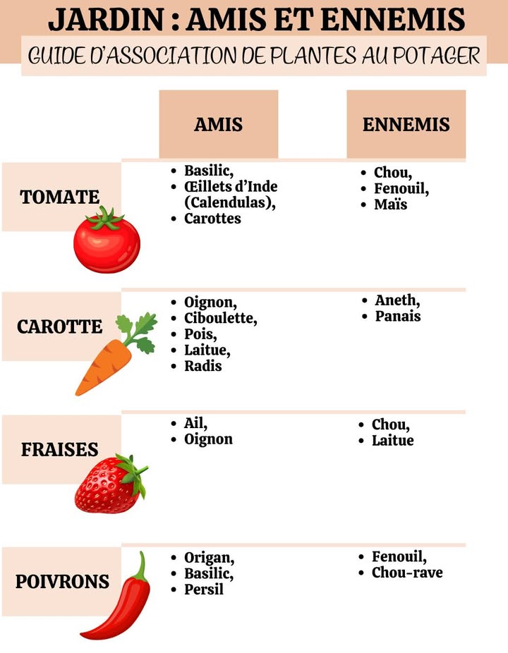 Optimise ton potager avec lassociation de cultures 

 Amis des tomates
 Basilic 
 Œillets dInde calendula 
 Carottes 凌
 Oignons 暈
 Blettes 

凌 Amis des carottes
 Laitue 塞
 Oignons 暈
 Ail 龍
 Pois 

 Amis des poivrons
 Origan 
 Basilic 
 Persil 

 Ennemis des tomates
 Chou 塞
 Fenouil 
 Maïs 

 Ennemis des carottes
 Ail 龍
 Oignons 暈

 Une bonne association = un potager plus sain, plus productif et naturellement protégé.