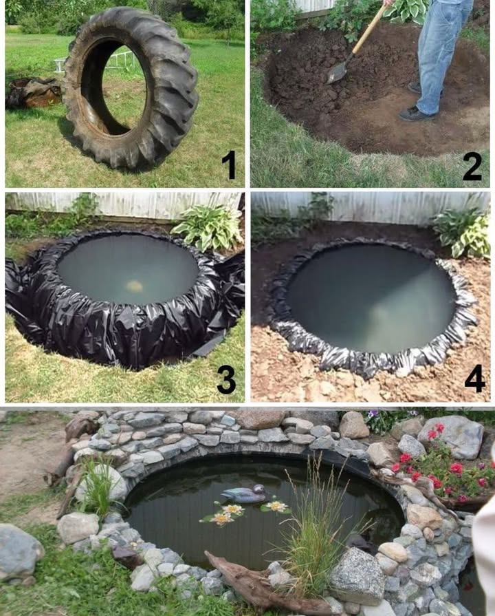DIY Étang de jardin avec un vieux pneu
Une idée simple, économique et écologique pour transformer un gros pneu en un petit bassin décoratif.
 Étapes de réalisation :
1. Récupérer un pneu de tracteur ou de grande taille.
2. Creuser un trou adapté et y placer le pneu.
3. Recouvrir lintérieur dune bâche étanche.
4. Remplir deau et ajuster la bâche.
5. Décorer avec des pierres, plantes et fleurs autour du bassin.
 Résultat : un étang miniature qui attire oiseaux et insectes utiles, tout en apportant une touche naturelle et apaisante à votre jardin.
 Une belle manière de recycler et dembellir lespace extérieur !
