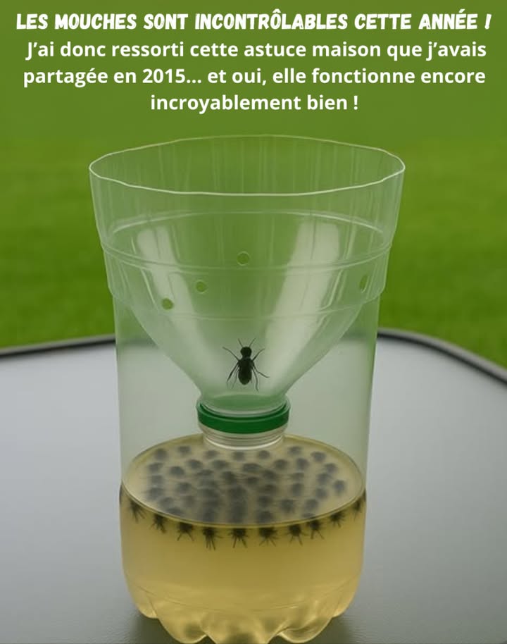 Les mouches sont incontrôlables cette année !
Jai donc ressorti cette astuce maison que javais partagée en 2015 et oui, elle fonctionne toujours à merveille ! 練

離 Ingrédients :

  tasse de sucre
  tasse de vinaigre
  tasse deau chaude
 1 c. à c. de sel

 Préparation :

1 Mélange tous les ingrédients dans une bouteille en plastique.
2 Coupe la partie supérieure de la bouteille comme un entonnoir.
3 Retourne-la et place-la à lenvers dans la base, sans le bouchon.
4 Les mouches seront attirées par lodeur et ne pourront plus ressortir.

 Idéale pour la cuisine ou le jardin, cette astuce simple et naturelle éloigne les mouches sans produits chimiques. 

 Une solution efficace, économique et écologique pour dire adieu aux mouches ! 
#AstuceMaison #AdieuMouches #SolutionsNaturelles