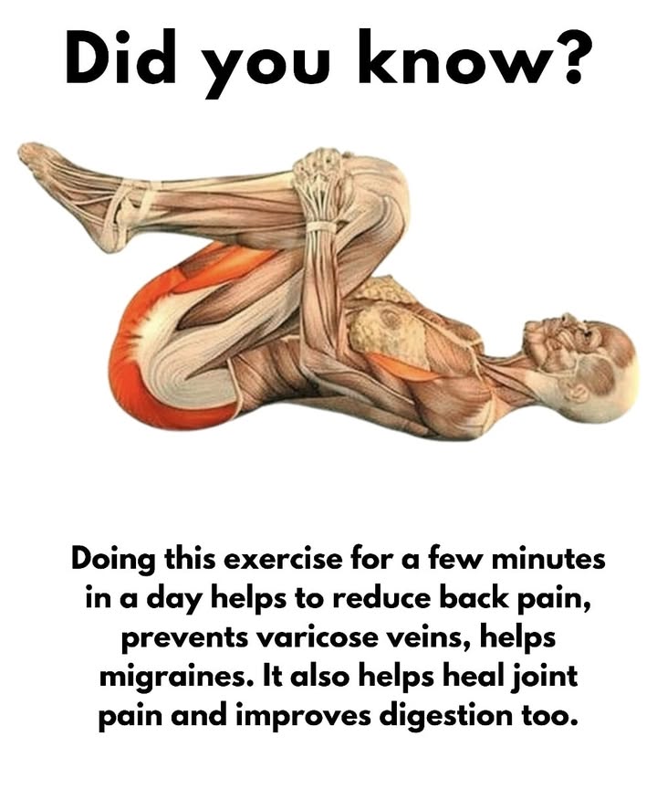 Gentle Daily Stretch for Back and Digestive Health 
1 Doing this simple stretch daily helps reduce back pain and keeps the spine flexible.

2 It supports better blood circulation, which lowers the risk of varicose veins.

3 Regular practice can ease migraines and tension in the body.

4 It soothes joint discomfort and increases mobility.

5 This exercise also stimulates digestion and improves gut health