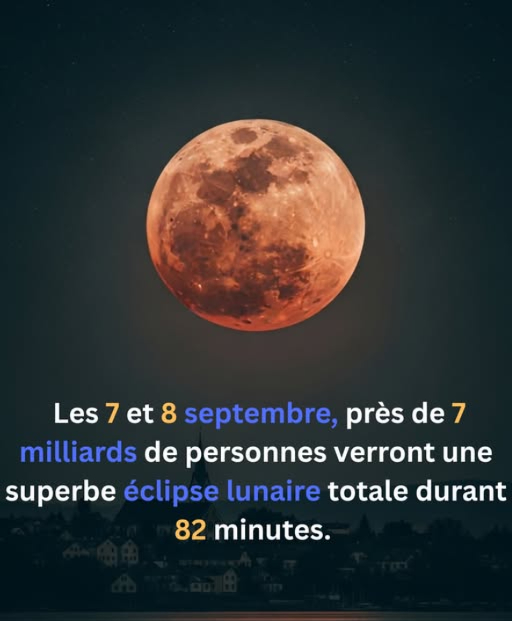 Le ciel nous prépare un moment grandiose : une éclipse lunaire totale le 78 septembre 2025 !  
 Appelée  Lune de Sang , cette éclipse teintera la Lune dun rouge intense pendant 82 minutes.  
 Visible sur presque toute la planète, ce phénomène reliera des milliards de personnes sous la même Lune.  
 Pourquoi rouge ? Car latmosphère terrestre filtre la lumière et ne laisse passer que les couleurs chaudes.  
 Pas besoin déquipement : il suffit de lever les yeux vers le ciel dégagé.  
Idéalement, choisissez un lieu sans lumière artificielle pour en profiter pleinement.  
 Un instant pour se reconnecter au ciel, à la nature et à soi-même.  
 À vivre, à partager, à contempler  
 Une nuit démerveillement cosmique à ne pas manquer !