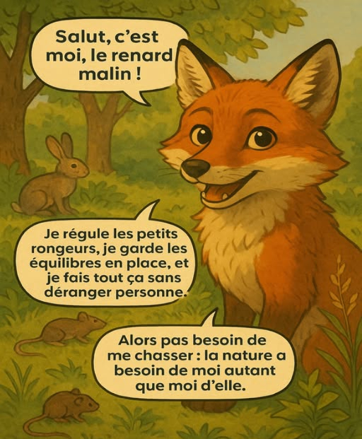 力  Je ne suis pas un trouble-fête, je suis un régulateur naturel ! 
Le renard veille discrètement à léquilibre des écosystèmes  un voisin futé à protéger.