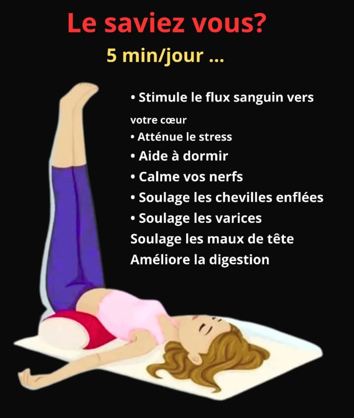 Lever les jambes 5 minutes par jour apporte de nombreux bienfaits 

Favorise la circulation sanguine vers le cœur

Réduit le stress et apporte une sensation de détente

Facilite lendormissement

Apaise le système nerveux

Diminue le gonflement des chevilles

Soulage les varices et les jambes lourdes

Atténue les maux de tête

Aide à une meilleure digestion