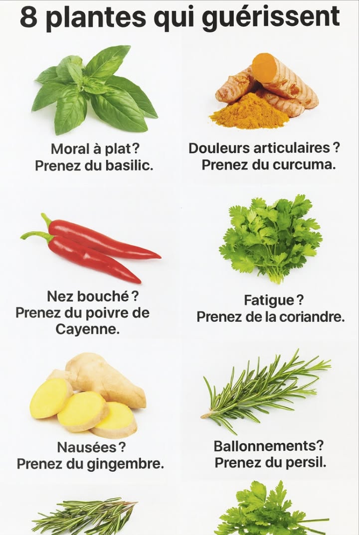 8 plantes qui soignent

Humeur en baisse  prends du basilic
Douleurs articulaires  prends du curcuma
Crampes abdominales  prends de la menthe
Congestion nasale  prends du poivre de Cayenne
Fatigue  prends de la coriandre
Nausées  prends du gingembre
Toux  prends du romarin
Ballonnements ou gaz  prends du persil