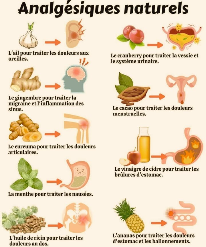 Les analgésiques naturels que tout le monde devrait connaître ! 

Pourquoi courir à la pharmacie quand la nature a déjà tout prévu ? 
Voici les remèdes qui soulagent vos douleurs naturellement :

龍 Ail  apaise les douleurs doreilles
 Gingembre  soulage la migraine et les sinus
 Curcuma  calme les douleurs articulaires
 Menthe  contre les nausées
便 Huile de ricin  idéale pour les douleurs au dos
 Ananas  réduit les ballonnements et les maux destomac
 Vinaigre de cidre  contre les brûlures destomac
 Cacao  aide en cas de douleurs menstruelles
 Cranberry  protège la vessie et le système urinaire

 La nature est le meilleur des médecins