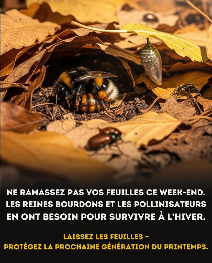 Pourquoi ne pas ratisser ce week-end :
 Sous les feuilles, les reines bourdons sabritent pour survivre à lhiver.
 Les papillons passent la saison froide sous forme de chrysalides, immobiles et cachés.
 Les coléoptères et autres pollinisateurs indigènes trouvent refuge sous cette couverture naturelle.
 En ratissant, on supprime leur abri  et on met en danger la future génération de pollinisateurs.

 Laisse les feuilles en place. Laisse la vie se reposer.

曆 Zones concernées : toutes les régions tempérées où les pollinisateurs hivernent dans la litière de feuilles zones USDA 3 à 9.