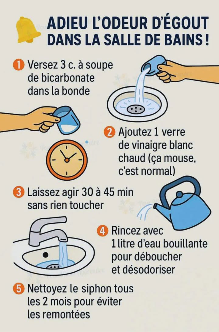 Adieu les mauvaises odeurs dans la salle de bain !

Marre de lodeur dégout qui remonte du lavabo ? 
Voici une astuce naturelle, simple et ultra efficace 

1 Versez 3 c. à soupe de bicarbonate de soude dans la bonde
2 Ajoutez 1 verre de vinaigre blanc chaud ça mousse, cest normal 
3 Laissez agir 30 à 45 minutes sans rien toucher
4 Rincez avec 1 litre deau bouillante pour déboucher et désodoriser
5 Et surtout, nettoyez le siphon tous les 2 mois pour éviter les remontées !

 Résultat : une salle de bain fraîche et sans odeur  sans produits chimiques