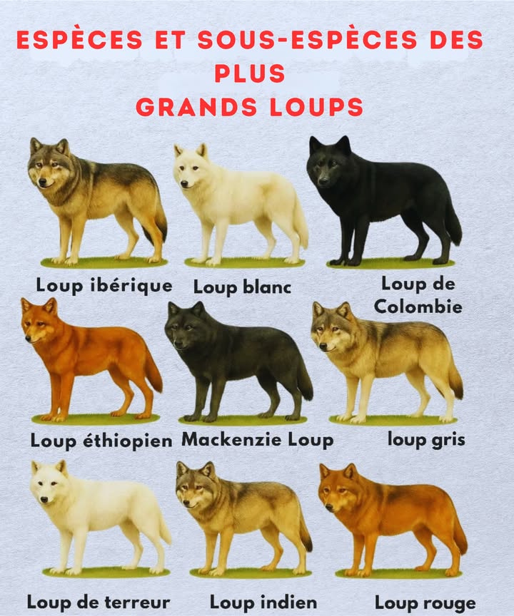 Espèces et Sous-Espèces de Loups  Les Grands Représentants 

Les loups font partie des prédateurs les plus adaptables sur notre planète. Ils évoluent dans différents climats à travers plusieurs continents et se distinguent par leurs variations de taille, de couleur et de comportement.

1 Loup Ibérique Canis lupus signatus   
Originaire du Portugal et dEspagne, cette espèce de taille moyenne se reconnaît à son pelage gris orné de rayures sombres sur les pattes. Bien quelle soit protégée, elle reste menacée.

2 Loup Blanc ou Loup de lArctique Canis lupus arctos   
Résidant dans les régions gelées du Canada et du Groenland, son pelage blanc lui permet de se fondre dans la neige. Adapté aux températures extrêmes, il chasse le caribou et le bœuf musqué.

3 Loup de Colombie Canis lupus columbianus   
Imposant et robuste, ce loup se trouve dans les forêts et montagnes du Canada et des États-Unis. Sa fourrure sombre et sa grande capacité dadaptation le définissent.

4 Loup dÉthiopie Canis simensis   
Lun des loups les plus rares au monde, il est confiné aux hautes montagnes dÉthiopie. Son pelage roux le rend unique, et il chasse seul de petits rongeurs.

5 Loup du Mackenzie Canis lupus mackenzii   
Cette sous-espèce, originaire du nord du Canada, est imposante et souvent de couleur foncée. Sa force et sa résistance en font un représentant remarquable.

6 Loup Gris Canis lupus   
Le plus connu et répandu, ce loup se trouve en Europe, Asie et Amérique du Nord. Sa taille et sa couleur varient selon la région. Symbole de puissance et de liberté, il représente lemblème même de lespèce.

7 Loup Terrible Dire Wolf  éteint 領  
Présent sur le continent américain pendant lère glaciaire, ce loup était plus massif que ses homologues actuels, chassant de grandes proies.

8 Loup Indien Canis lupus pallipes   
Moins grand avec un pelage clair, il vit dans les zones arides dInde et du Moyen-Orient. Agile, il se spécialise dans la chasse des petites proies en terrain découvert.

9 Loup Rouge Canis rufus   
Espèce rare et menacée, on le trouve dans le sud-est des États-Unis. Son corps élancé et sa teinte rousse lui confèrent une distinction unique.

 Rôle Écologique  
Les loups jouent un rôle crucial en régulant les populations de leurs proies, prévenant ainsi les déséquilibres écologiques et contribuant à la santé des écosystèmes.

 Conclusion  
Des glaces arctiques aux hauts plateaux africains, les loups illustrent une étonnante capacité dadaptation. Néanmoins, beaucoup dentre eux nécessitent encore des mesures de protection pour continuer à remplir leur rôle essentiel dans léquilibre naturel de notre planète.