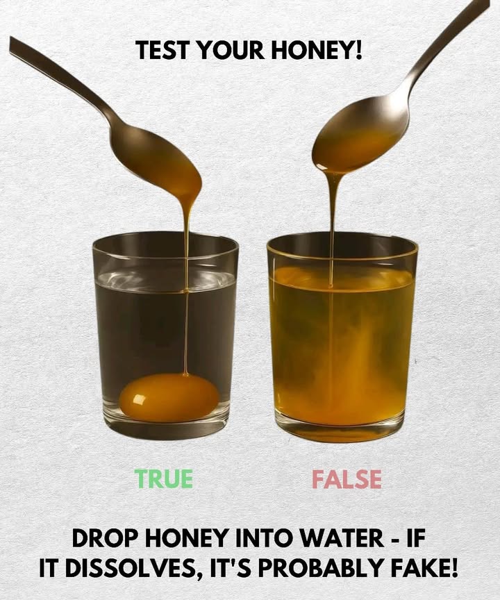 How to Test Honey at Home 

1 Pure honey 
When placed in a glass of water, real honey sinks straight to the bottom and stays intact, without dissolving quickly.

2 Fake honey 
If you add it to water, it dissolves right away and spreads out, showing it may be adulterated.

 A quick and simple way to check whether your honey is natural or mixed with additives.