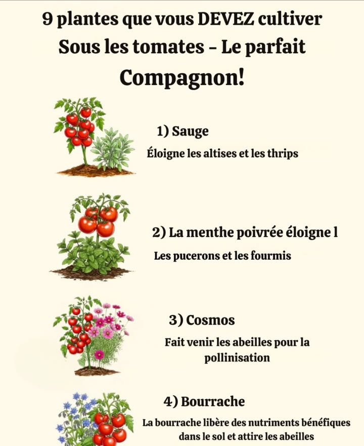 Les tomates, reines du potager, sont aussi parmi les plus fragiles face aux maladies et aux parasites. Pour les protéger naturellement et stimuler leur croissance, il existe une méthode simple et efficace : le compagnonnage.

Certaines plantes, installées au pied des tomates, agissent comme des alliées précieuses. Elles repoussent les nuisibles, améliorent le sol ou encore favorisent une meilleure pollinisation. Résultat : des plants plus vigoureux, des récoltes abondantes et un potager en meilleure santé, sans produits chimiques.

 Découvrez 9 plantes idéales à associer aux tomates pour cultiver un potager à la fois productif et équilibré