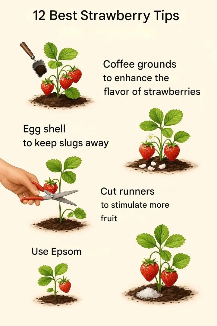 12 Tricks for Sweeter and Tastier Strawberries 

1. Coffee grounds  Enhance flavor when spread around the plant.

2. Crushed eggshells  Naturally keep slugs away.

3. Trim runners  Helps the plant focus energy on fruit production.

4. Epsom salt  1 tablespoon per liter of water supports healthy growth.

5. Straw mulch  Keeps berries clean and prevents rotting.

6. Full sun  6 to 8 hours of sunlight make strawberries sweeter.

7. Raised beds or containers  Better drainage and fewer diseases.

8. Fertilize after harvest  Replenishes nutrients for the next crop.

9. Rotate growing spots  Reduces soil-borne pests and diseases.

10. Use bird netting  Protects fruits from birds.

11. Water in the morning  Prevents fungal growth and keeps plants hydrated.

12. Remove flowers in the first year  Strengthens roots for better yields later.