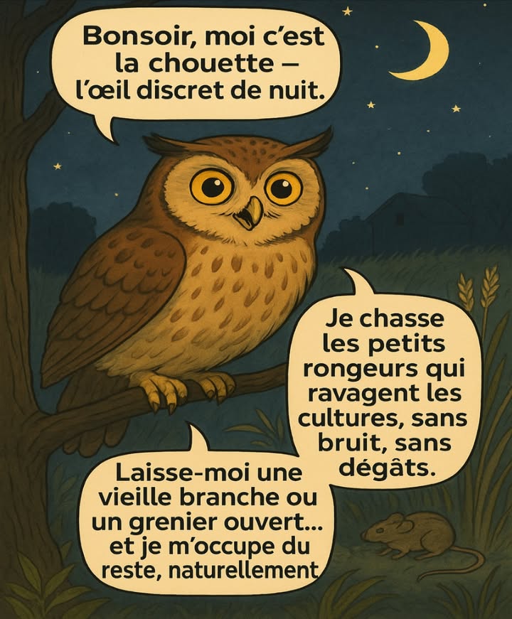 黎  Je veille la nuit pour protéger les cultures. 
La chouette, discrète mais redoutablement efficace, est une précieuse alliée des champs.
