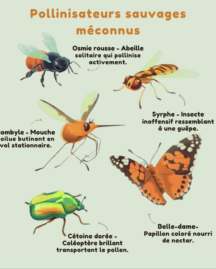 曆 Pollinisateurs sauvages souvent ignorés 

Les abeilles ne sont pas les seules responsables de la pollinisation. De nombreux insectes jouent également un rôle crucial dans la reproduction des plantes et le maintien des écosystèmes. Ces pollinisateurs sauvages, souvent méconnus, sont indispensables à léquilibre de la nature.

 Osmie rousse  
Cette abeille solitaire vit sans ruche. Elle collecte nectar et pollen, se plaît dans les jardins et pollinise efficacement les arbres fruitiers ainsi que les petits fruits.

 Bombyle  
Cet insecte appartient au même groupe que les mouches. Sa trompe allongée lui permet de butiner en vol stationnaire, imitant le mouvement dun colibri.

烈 Syrphe  
Diptère inoffensif souvent confondu avec une guêpe. Il se nourrit de nectar et joue un rôle actif dans la pollinisation.

 Cétoine dorée  
Ce coléoptère brillant consomme du pollen et des étamines. Bien que son rôle soit moins précis, il reste important pour la reproduction des fleurs.

曆 Belle-dame  
Papillon élégant doté dune trompe rétractile. Il se nourrit de nectar tout en favorisant la fécondation des fleurs, apportant couleur et dynamisme au jardin.

 Chaque insecte, par sa présence et ses actions, contribue à maintenir le cycle floral et léquilibre vital de notre environnement.