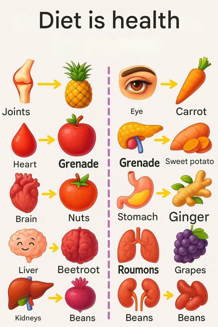 Foods That Naturally Support Our Organs

 Pineapple: helps reduce inflammation and supports joint health.

 Pomegranate: promotes circulation and keeps the blood healthy.

 Tomato: good for the heart thanks to its antioxidants.

 Walnut: boosts memory and nourishes the brain.

 Beetroot: supports liver function and helps cleanse it.

凌 Carrot: improves vision and protects the eyes.

 Sweet potato: helps regulate blood sugar and supports the pancreas.

 Ginger: soothes the stomach and aids digestion.

 Grapes: beneficial for the lungs and rich in antioxidants.

齃 Beans: support kidney health and help remove toxins.