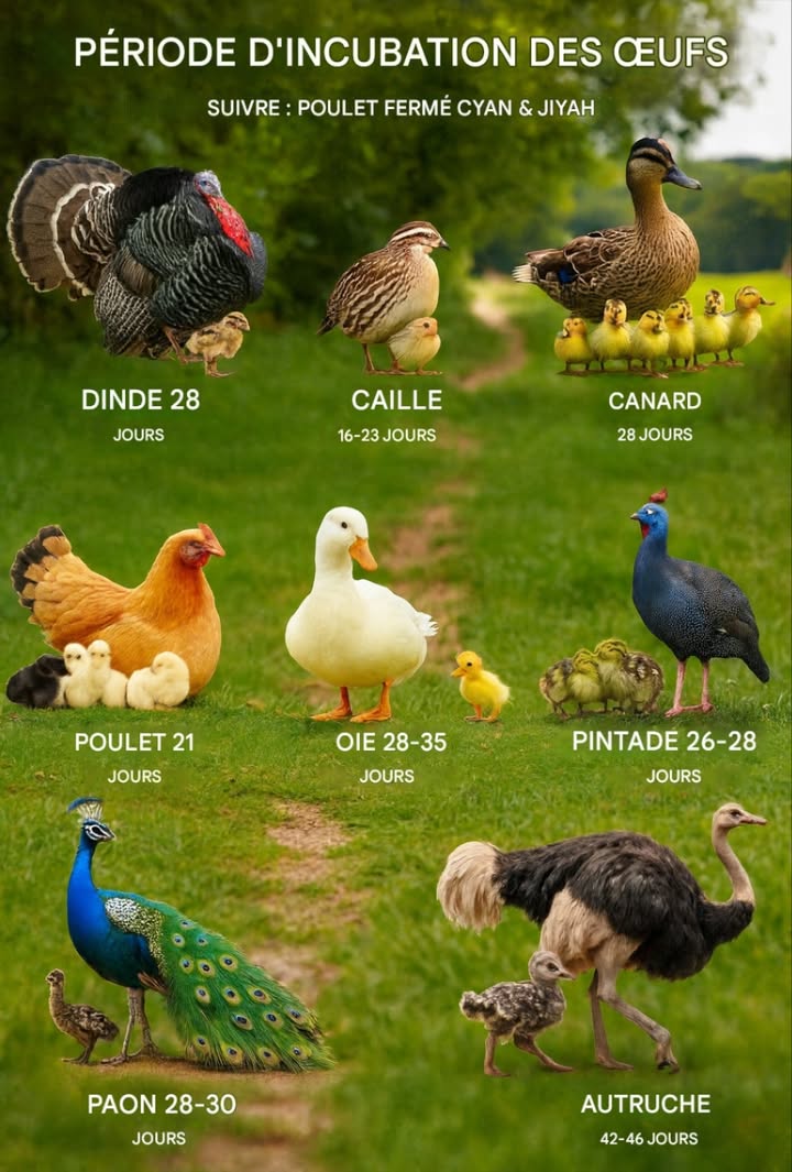 Périodes dincubation des œufs

Dinde : Environ 28 jours, le petit sappelle un dindonneau.

Caille : 16 à 23 jours selon lespèce 17-18 jours pour la caille japonaise, 23 jours pour la caille bobwhite.

Canard : Environ 28 jours, sauf le canard musqué qui prend 35 jours.

Poule : Environ 21 jours, avec contrôle de la température, humidité et retournement régulier.

Oie : 28 à 35 jours selon la race petites races : 28-30 jours, grandes races : 32-35 jours.

Pintade : 26 à 28 jours, similaire à la dinde.

Paon : 28 à 30 jours, incubation assurée par la femelle.

Autruche : 42 à 46 jours, incubation partagée entre le mâle et la femelle.