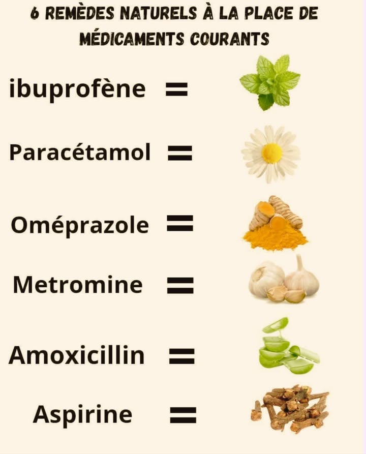 6 remèdes naturels à la place de médicaments courants !

Et si la nature avait déjà tout prévu pour nous soigner ?  Voici des alternatives simples et naturelles que nos grands-mères connaissaient bien 

 Ibuprofène  Menthe poivrée : soulage les douleurs et les maux de tête naturellement.
 Paracétamol  Camomille : apaise la fièvre et détend le corps.
 Oméprazole  Curcuma : protège lestomac et facilite la digestion.
龍 Metromine  Ail : régule naturellement le sucre dans le sang.
 Amoxicilline  Aloe vera : puissant antibactérien et cicatrisant naturel.
 Aspirine  Clou de girofle : calme les douleurs et réduit linflammation.

 Des solutions naturelles, économiques et sans effets secondaires !