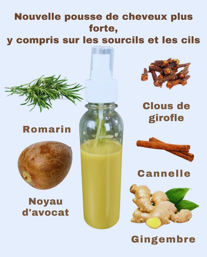 Lotion naturelle pour favoriser la croissance des cheveux 
1 Romarin pour renforcer les racines
2 Noyau davocat pour une nutrition en profondeur
3 Clous de girofle pour stimuler la circulation du cuir chevelu
4 Cannelle pour encourager la croissance des cheveux
5 Gingembre pour promouvoir la pousse de nouveaux cheveux plus forts