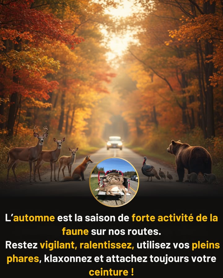 Lautomne est la saison où la faune est la plus active sur les routes  restez attentifs, ralentissez et attachez votre ceinture.

 Conduisez plus prudemment cet automne :
 Ralentissez dans les zones boisées ou rurales
 Utilisez les pleins phares la nuit quand cest sûr
 Klaxonnez pour prévenir la faune proche de la route
 Portez toujours votre ceinture de sécurité  les collisions sont imprévisibles