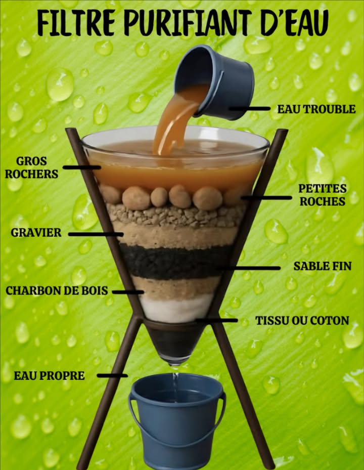 Filtre Purifiant dEau Naturel : une solution simple et efficace 

Ce filtre maison est une méthode ingénieuse pour purifier leau trouble en utilisant uniquement des matériaux naturels. Idéal pour le camping, les situations durgence ou léducation écologique, il permet dobtenir une eau visuellement propre grâce à une filtration par couches.

 Composition du filtre de haut en bas :
 Gros rochers  Retiennent les plus grosses particules et débris
 Petites roches  Filtrent les impuretés solides moyennes
 Gravier  Capte les éléments plus fins
 Sable fin  Affine encore la filtration et bloque les petites particules
 Charbon de bois  Purifie en profondeur, absorbe odeurs et toxines
 Tissu ou coton  Filtration finale, capture les impuretés restantes

Leau passe lentement à travers chaque couche et ressort visiblement claire à la sortie.
Bien que cette méthode améliore considérablement la propreté visuelle, il est recommandé de faire bouillir leau après filtration pour garantir quelle soit potable.

 Un système écologique, économique et facile à réaliser avec des matériaux accessibles.