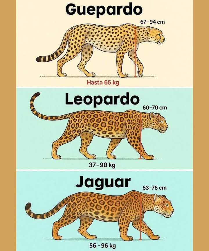Spot the Difference!  Cheetah vs. Leopard vs. Jaguar
 CHEETAH Guepardo
 Spots: Solid black dots no rosettes
 Build: Slim, long-legged, built for speed
 Face: Distinct black tear marks from eyes to mouth
 Size: 6794 cm tall  Up to 65 kg
 Habitat: African grasslands

 LEOPARD
 Spots: Rosettes rose-like spots, no center dot
 Build: Stocky, powerful, great tree climber
 Size: 6070 cm tall  3790 kg
 Habitat: Africa & Asia  forests, mountains, savannas

 JAGUAR
 Spots: Rosettes with inner dots
 Build: Very muscular with a broad jaw  strongest of the three
 Skill: Excellent swimmer
 Size: 6376 cm tall  5696 kg
 Habitat: Rainforests & wetlands of Central and South America