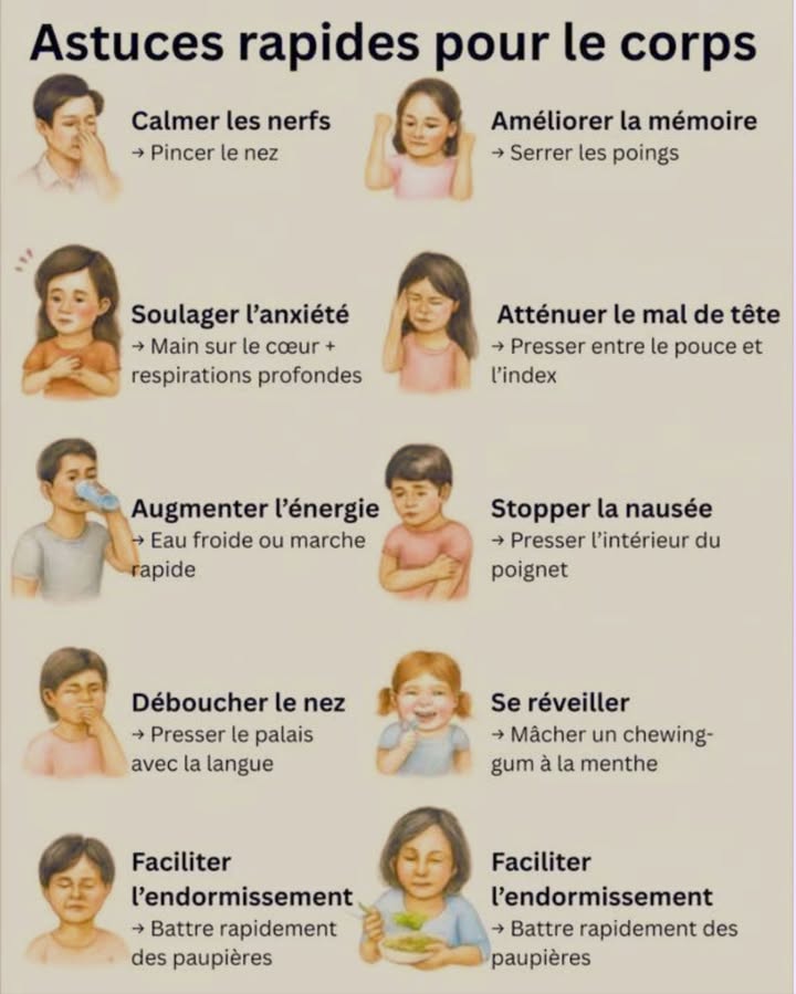 易 Astuces Rapides pour le Corps  Simples, Naturelles et Efficaces ! 

Parfois, un petit geste suffit à apaiser, booster ou rééquilibrer ton corps. Voici quelques secrets que peu de gens connaissent 

 Calmer les nerfs  pince doucement ton nez
里 Améliorer la mémoire  serre les poings quelques secondes
 Soulager lanxiété  main sur le cœur  respirations profondes
洛 Atténuer le mal de tête  presse entre le pouce et lindex
 Augmenter lénergie  bois de leau froide ou marche vite
濫 Stopper la nausée  presse lintérieur de ton poignet
 Déboucher le nez  presse le palais avec la langue
 Se réveiller  mâche un chewing-gum à la menthe
 Faciliter lendormissement  bats rapidement des paupières pendant quelques secondes

De petits gestes, de grands effets sur ton bien-être