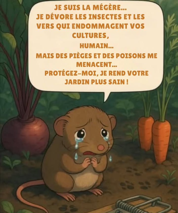Souvent nous la prenons pour une souris et lattaquons avec des pièges et des poisons…
Mais en réalité, il dévore des insectes et des vers qui endommagent vos récoltes.
 Si vous la protégez, vous aurez un potager plus sain et équilibré, exempt de nuisibles sans avoir besoin de produits chimiques.
 Prenez soin de la biodiversité, la nature travaille toujours en votre faveur.