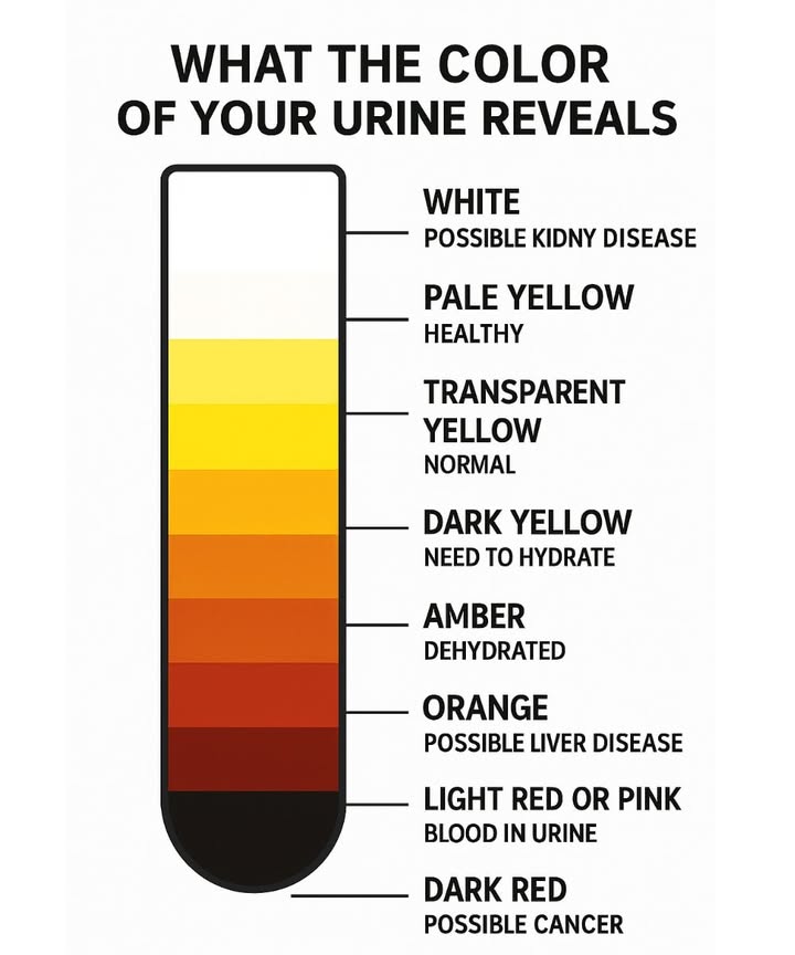 What the Color of Your Urine Can Reveal About Your Health

Your body communicates in subtle ways, and urine color is one of the easiest indicators to check. It can hint at hydration levels and even internal health. Heres how to understand the shades 

懶 Milky/Cloudy: Could indicate kidney issues  see a doctor if it continues.
 Light Yellow: Great! Youre hydrated and your body is functioning well.
 Clear Yellow: Normal  keep your hydration steady.
 Dark Yellow: You need more water  mild dehydration.
 Amber: Clear sign of dehydration  increase fluid intake.
 Orange: Could be linked to liver or bile duct concerns  monitor closely.
 Light Red or Pink: May suggest blood in urine  seek medical evaluation.
喝 Dark Red: Could indicate a serious condition  urgent medical attention recommended.

 Reminder: The ideal urine color is pale yellow  it reflects proper hydration and balance.
#fblifestyle