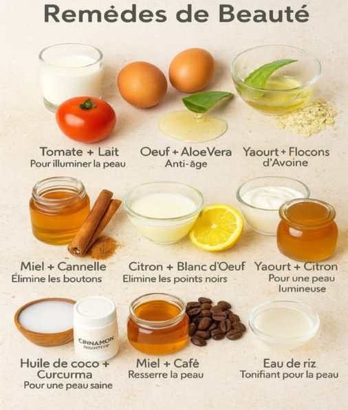 Remèdes naturels pour une peau éclatante
Des ingrédients simples, des bienfaits puissants. Lequel vas-tu essayer aujourdhui ?